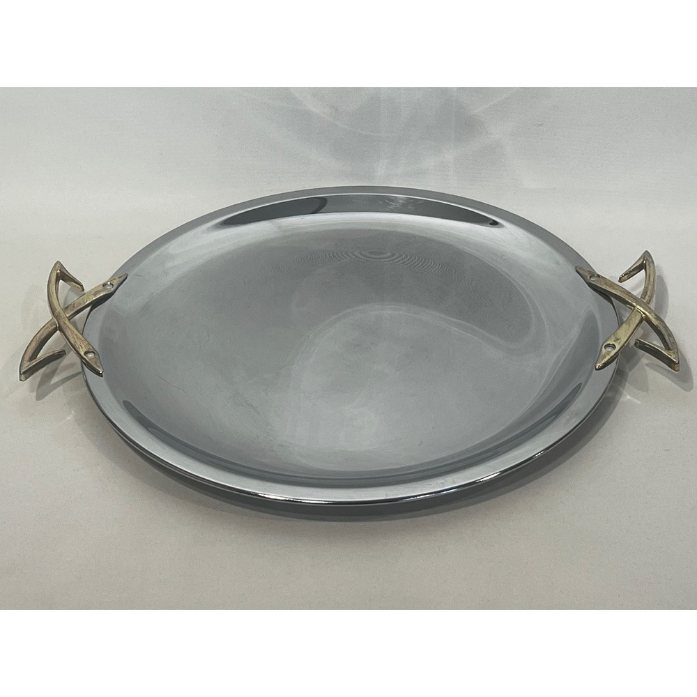 Kromex Serving Tray Silver Chrome Gold Atomic X Handles Mid Century Vintage MCM